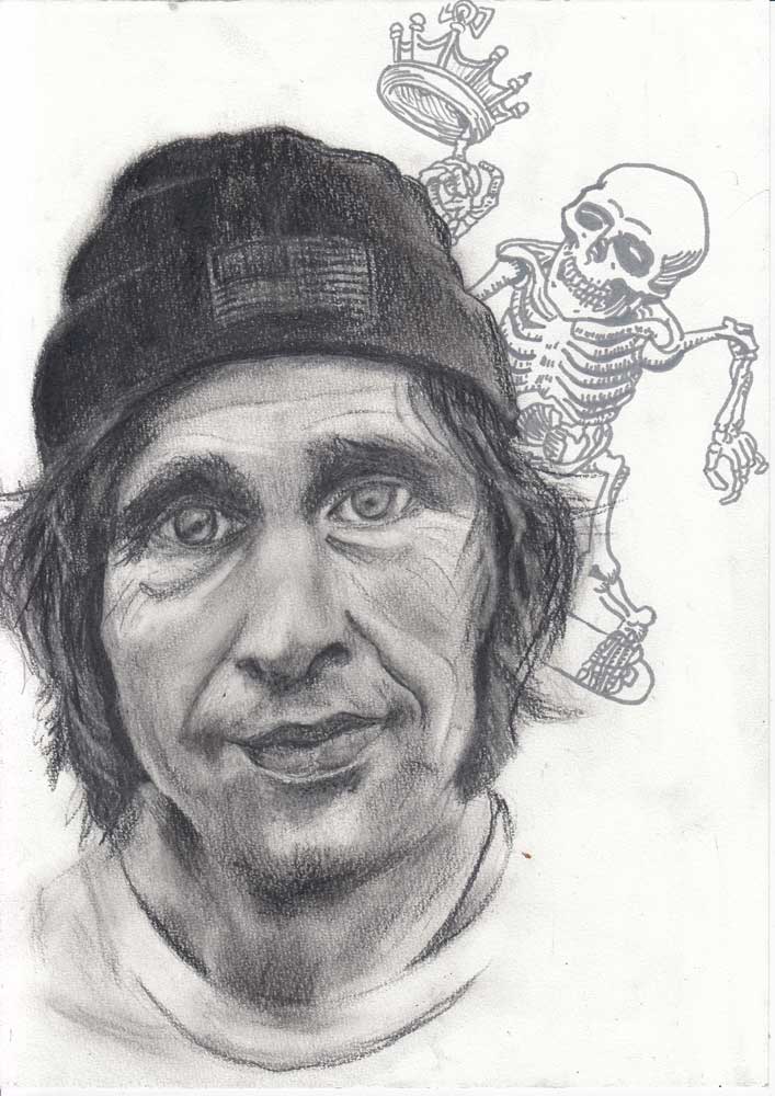 Rodney Mullen (skateboarder) portrait drawing. Mixed media on 180 gr Clairefontaine (21x29,7cm) (svenimal.art)