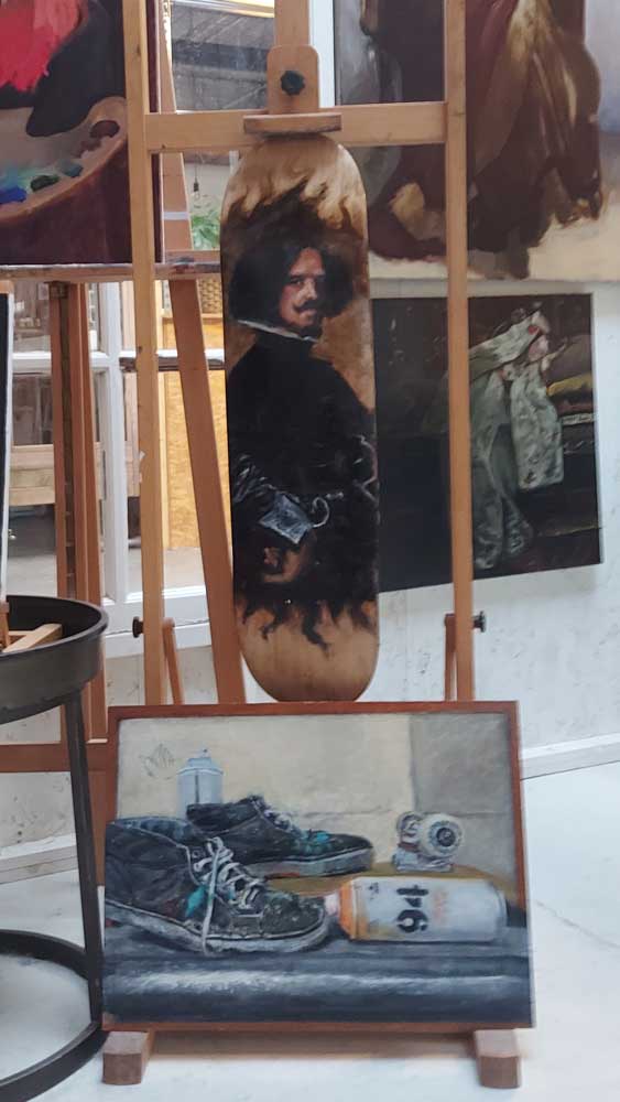 Two oil paintings: Velasquez master copy on Jart skateboard (78x19cm) and graffiti vegan shoes on mini-ramp (wooden panel 55x40cm) @ first ever expo Florence Studio, Apeldoorn (svenimal.art)