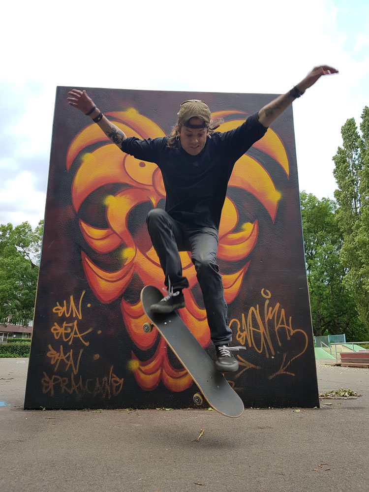 Sven Bakker (Svenimal) skateboarding in front of his piece @ Juliana Park, Hoorn (svenimal.art) (2017)