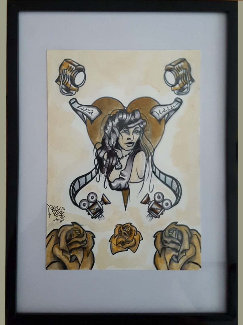 Tattoo flash portrait drawing of Tara Elder for Michiel Huisman. Daler Rowney FW Acrylic Artist Ink on 220 gr Daler Rowney Smooth-Heavyweight A5 (21x14,9cm) (2018) (svenimal.art)