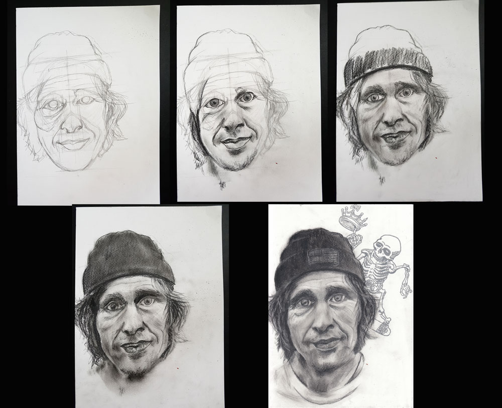 “Making of” Rodney Mullen (skateboarder) portrait drawing. Mixed media on 180 gr Clairefontaine (21x29,7cm) (2018) (svenimal.art)